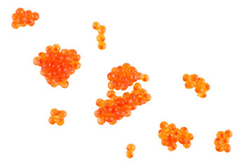 Red salmon caviar isolated on a white background, view from above. Delicious red caviar.