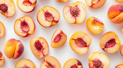 exquisite peach slices arranged in top view on white background showcasing natural beauty and freshness studio photography