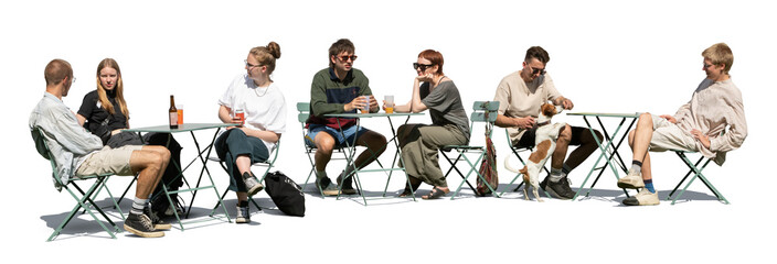 Outdoor café scene with many young people sitting and relaxing isolated on white background