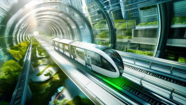Futuristic express train riding in the tubed elevated track. City of future urban concept 