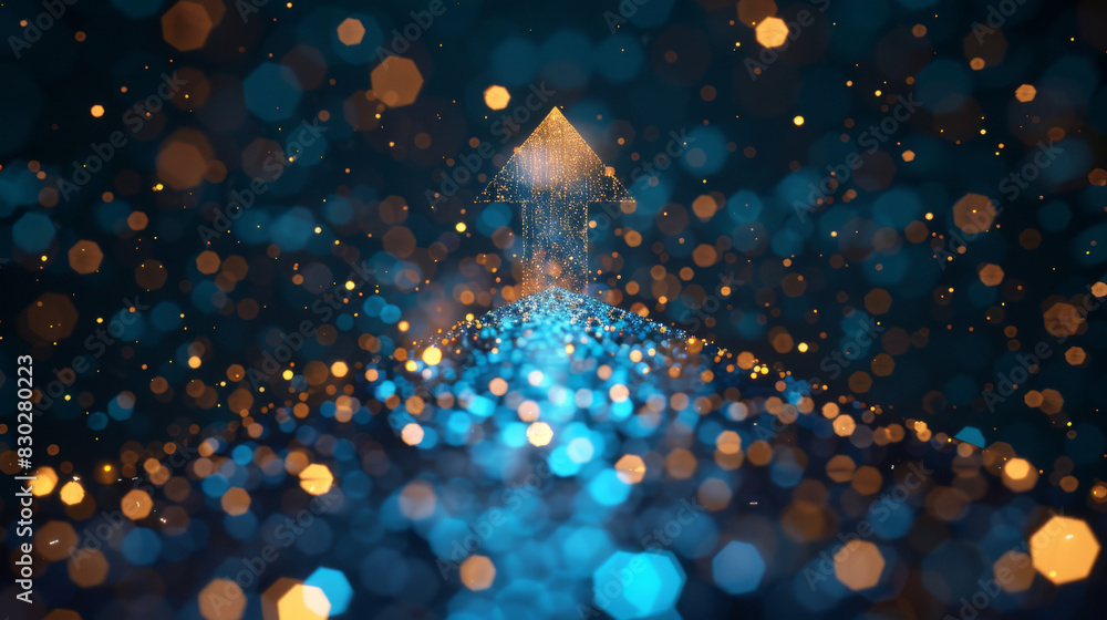 Poster luminous arrow rising through shimmering bokeh lights represents advancement, development, and achie