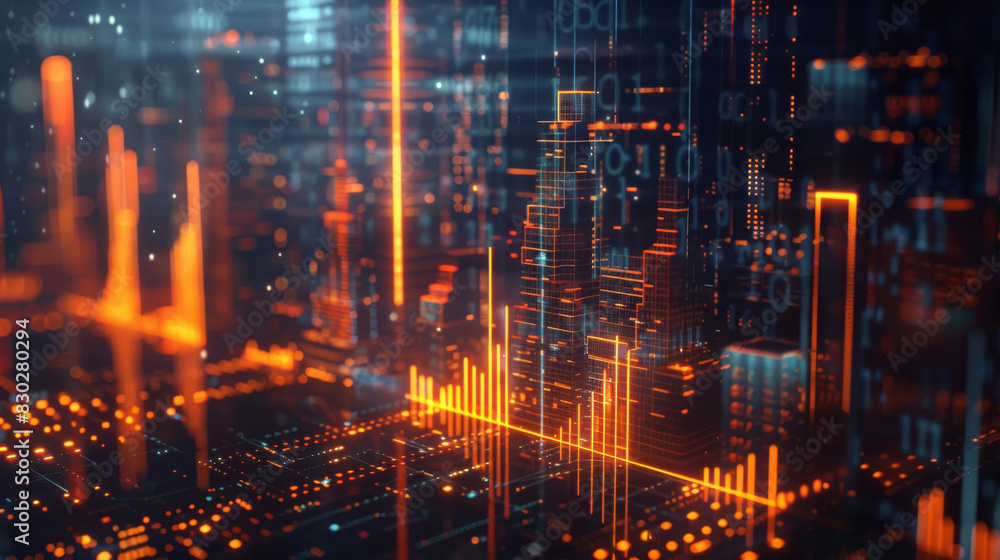 Poster abstract digital cityscape with glowing lines and tech overlay, embodying a futuristic cyber world