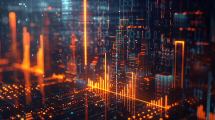 Abstract digital cityscape with glowing lines and tech overlay, embodying a futuristic cyber world