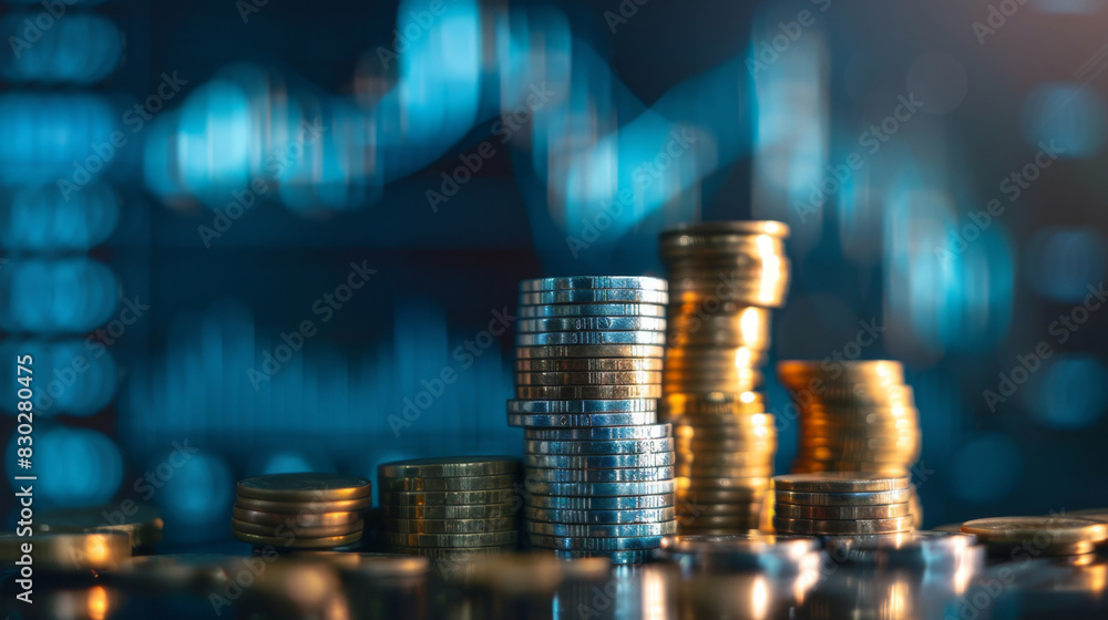 Poster stacked coins on a dynamic financial chart background, symbolizing investment growth and wealth accu