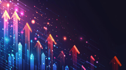Neon arrows on dark background depicting financial growth through digital art