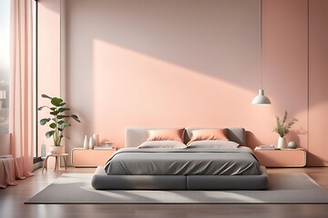 Bedroom in Pastel Tone Peach Fuzz Color Trend 2024 with Gray Wall for Art, Modern Premium Cozy Room Interior Home or Hotel Design with Apricot Crush Stylish Accents - 3D Render