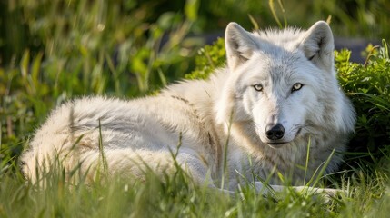 White Arctic wolf in grass