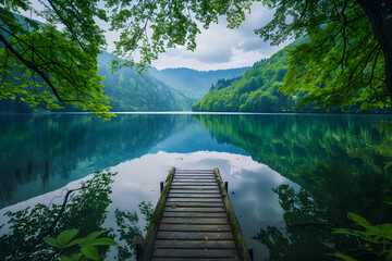 Serene Lake Landscape with Lush Greenery and Reflective Waters Under a Cloud Speckled Sky