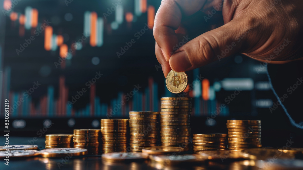 Poster hand stacking a bitcoin on increasing coin piles against a financial chart background