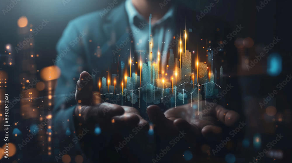 Poster Demonstrating future technology in business analytics with a 3d hologram of financial growth data