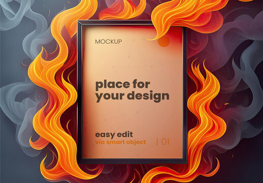 Detailed Illustrated Fire and Smoke Poster Frame Mockup Generative Ai