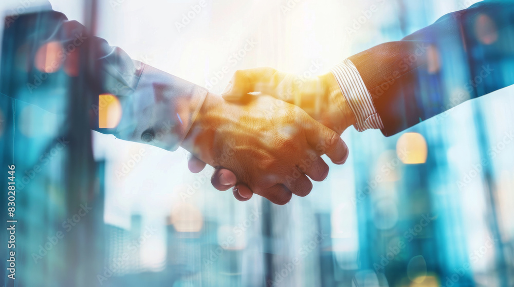 Poster close-up of a business handshake with a blurred office setting