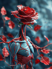 A human figure with blood vessels and muscles transitioning into a blooming red rose created by artificial intelligence