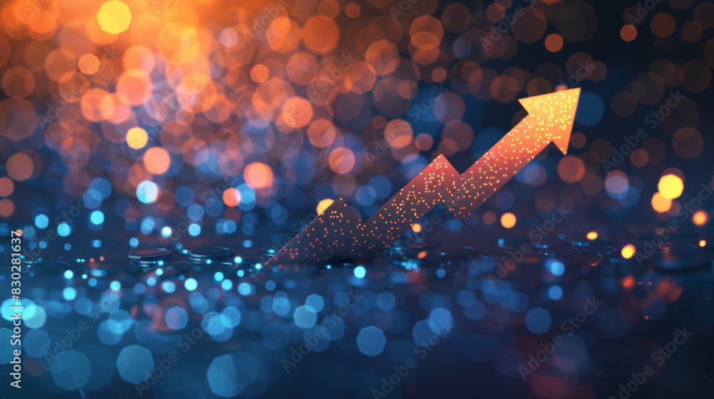 Poster Digital illustration of a rising arrow graph representing progress with a sparkling bokeh background