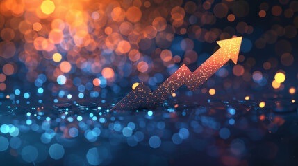 Digital illustration of a rising arrow graph representing progress with a sparkling bokeh background