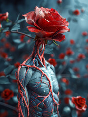 A human figure with blood vessels and muscles transitioning into a blooming red rose created by artificial intelligence