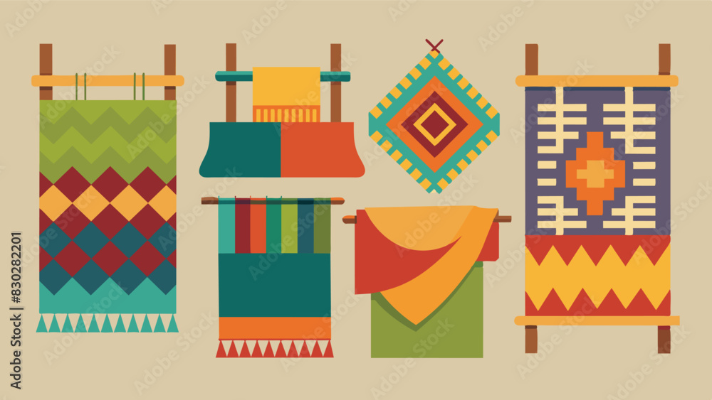 Poster a series of woven textiles and fabrics from simple potholders to complex tapestries display the colo