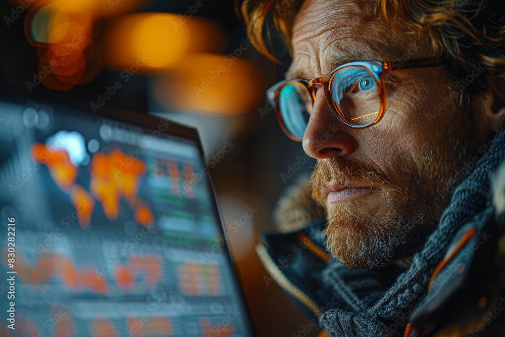 Poster a financial analyst reviewing charts and graphs. concept of market analysis and business strategy. g