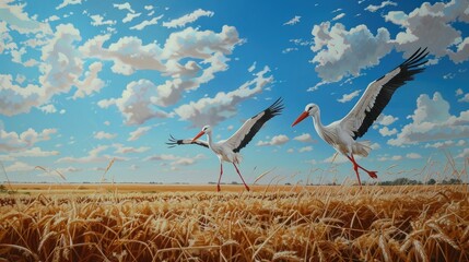 White storks in a harvested field under a blue sky