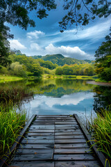 Serene Lake Landscape with Lush Greenery and Reflective Waters Under a Cloud Speckled Sky