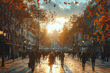 A city square filled with tourists and locals. Concept of urban landmarks and public spaces....