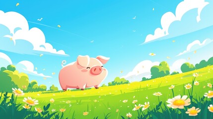 A pig is seen standing proudly on the lush green grass of a spring meadow peacefully grazing away This charming scene is captured in a delightful flat cartoon illustration set against a back