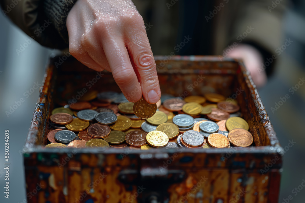 Poster a person's hand dropping loose change into a donation box, contributing to charitable causes and phi