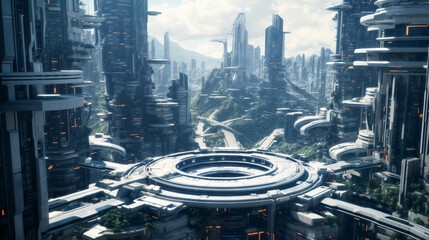 Futuristic metropolis, panoramic view, against the background of the blue sky
