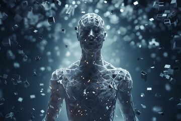 a human body made of disintegrating squares and cubes, standing in front of a digital background with abstract particles in space, cybernetics, computer rendering