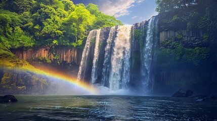 majestic waterfall cascading over rocky ledge with vibrant rainbow arcing across spray landscape photography