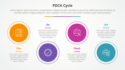 PDCA plan do check act framework infographic concept for slide presentation with big circle on horizontal line up and down with 4 point list with flat style