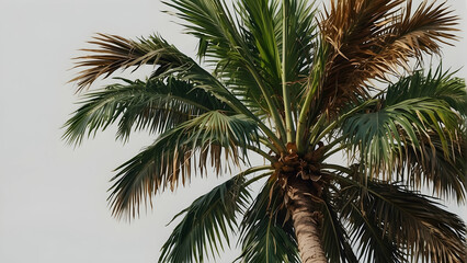 A photo taken from below a palm tree, showing its fronds against a clear sky