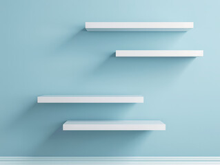 Empty shelves on a pale blue wall, modern interio.