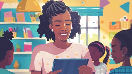Educational graphic of a teacher using a tablet to interact with remote students