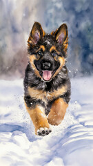 An energetic German Shepherd puppy running merrily through the freshly fallen snow.