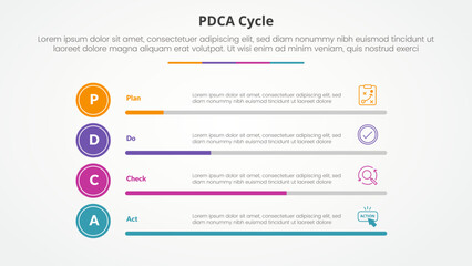 PDCA plan do check act framework infographic concept for slide presentation with horizontal bar percentage with 4 point list with flat style