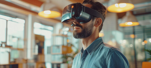 A man wearing a VR headset in an office