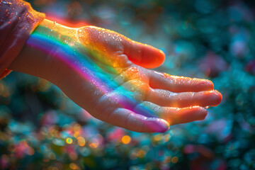 A child reaching out to touch a rainbow. Concept of dreams and imagination. Generative Ai.
