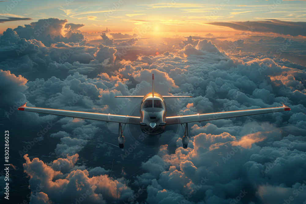 Poster a pilot soaring through the clouds in a small plane. concept of adventure and freedom. generative ai
