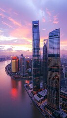 Obraz premium Urban skyline defined by majestic skyscrapers reflecting golden hues of the setting sun