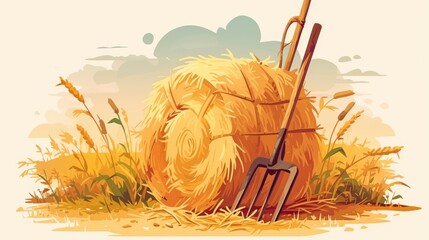 Close up raster icon depicting an isolated agricultural scene with a hayfork and hayrick A pitchfork rests next to a haystack laden with dried grass and wheat in a rural farmland setting