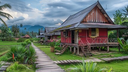 Fototapeta premium Crimson Abode Amidst Verdant Pasture