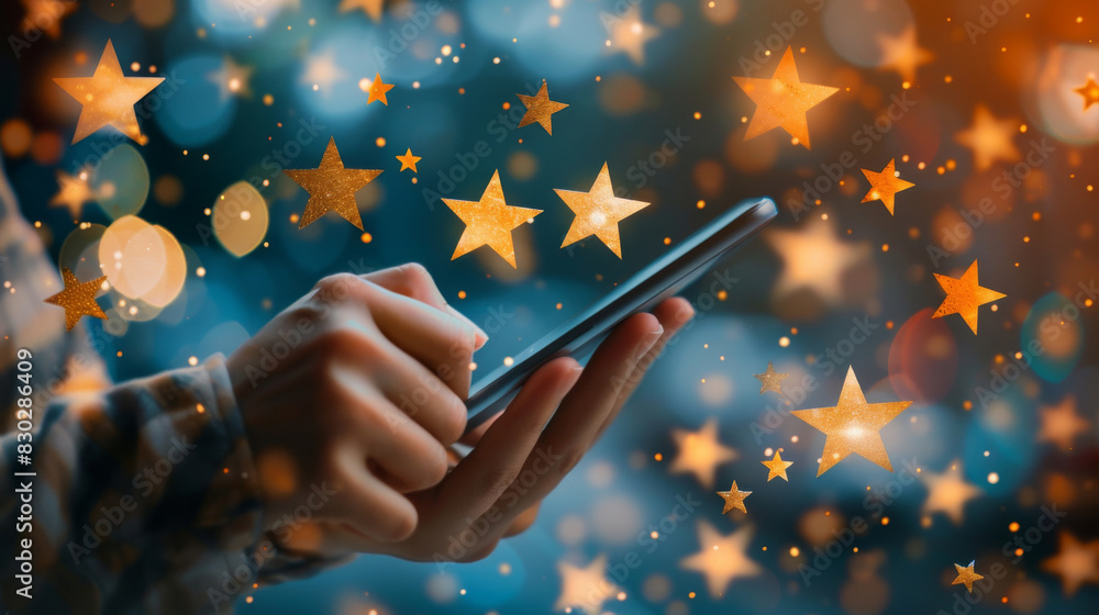 Aufkleber Hand using a smartphone with glowing stars and magical bokeh effect