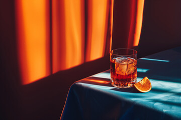 Summer lifestyle concept with strong whisky cocktail on blue table against red orange curtain. Copy space.