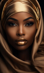 A black woman with golden makeup and a golden hood