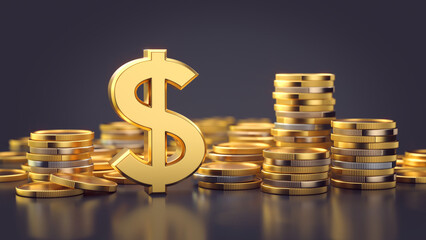 Golden dollar sign surrounded by stacks of gold coins
