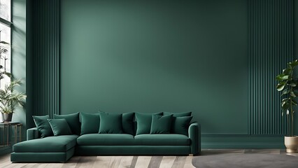 Living Room Mockup with Dark Green Sofa and Emerald Walls, Spacious Gallery Space and Deep Accent Background in a Modern Premium Design - 3D Rendering