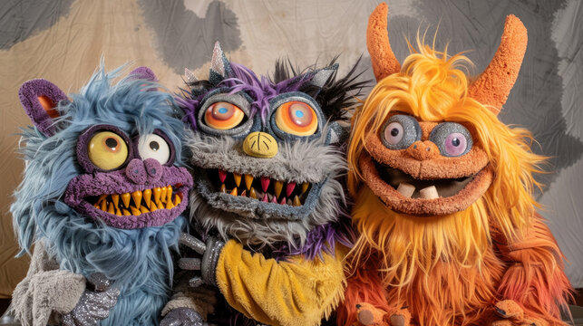 Three whimsical, furry puppets with vibrant colors and exaggerated features are sitting together, expressing joy and playfulness against a neutral backdrop