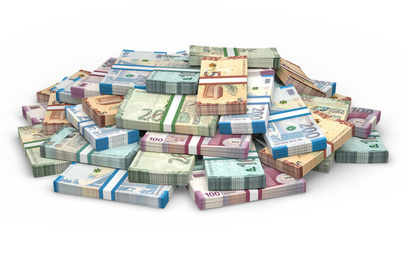Piles of Azerbaijani Manat currency banknotes