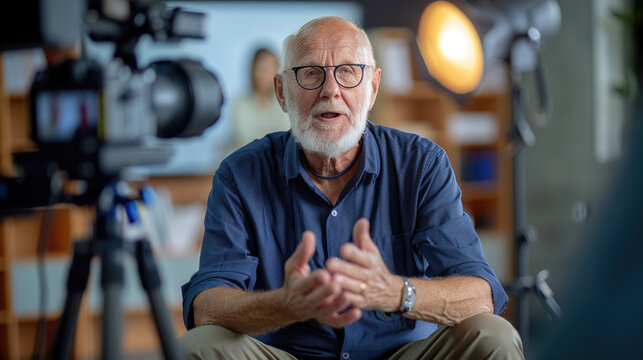An older man is seated in front of a camera, looking directly into the lens